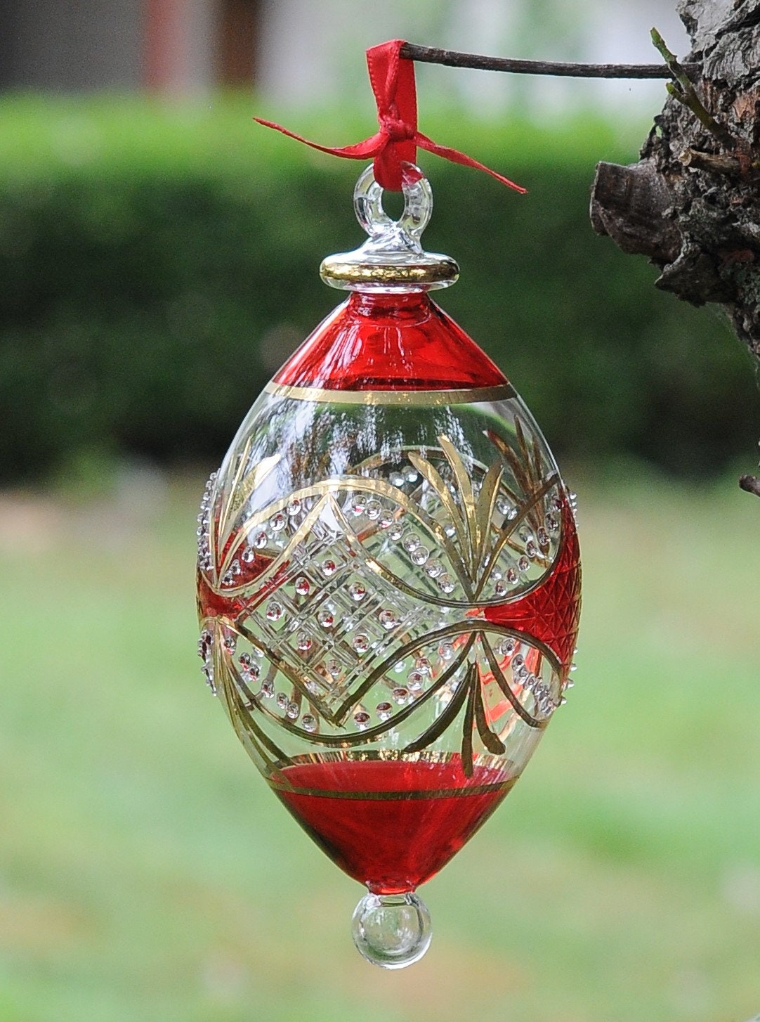 Egyptian Blown Glass Ornament Clear red pink blue purple orange