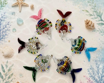 Egyptian  Blown Glass Fish shape  Ornament with multi color to decorate your tree or room or office .Elegant piece you deserve