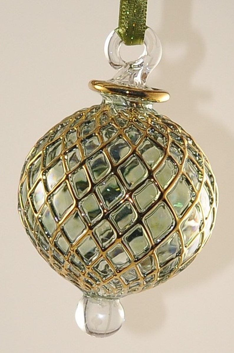 Egyptian Blown Glass Ornament colored clear with golden accents Green