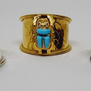 Scarab ring inlaid with natural original stones, golden plated, oxidized or shiny, 925 sterling silver, Egyptian handmade in our workshop