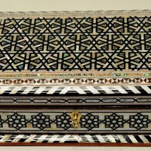 Handmade Unique Jewelry Box with lock , Beech wood with inlaid Mother of Pearl 10.6 inches.  Brough to you by From Egypt With Love