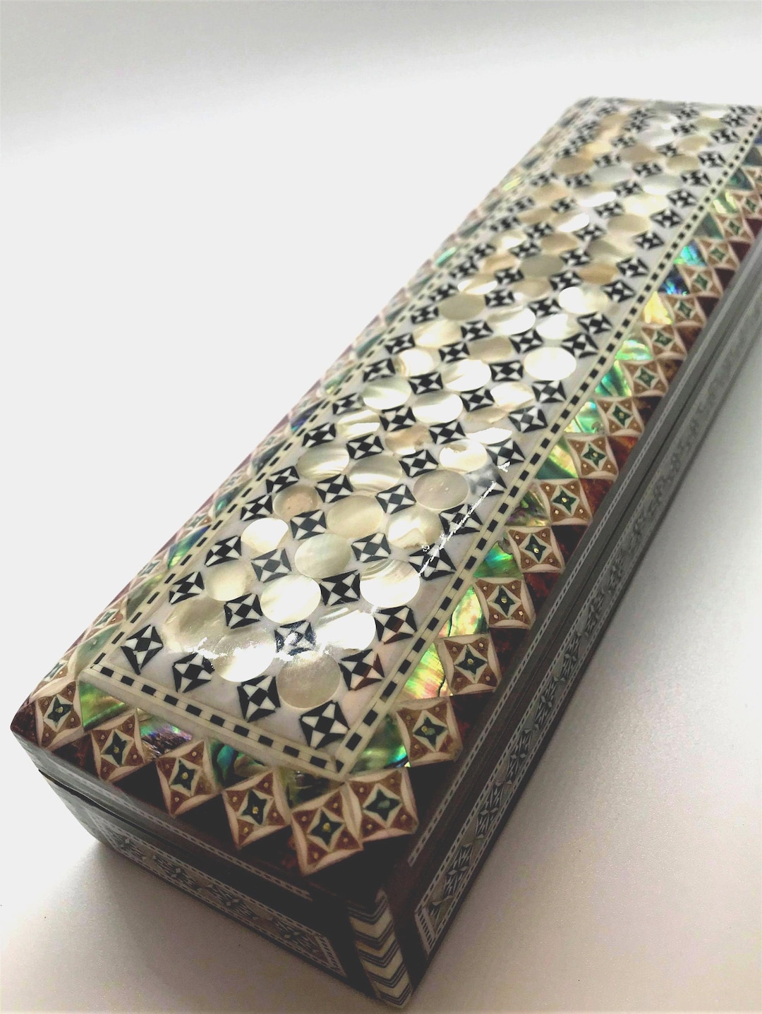 Inlaid Jewelry box. Amazing Egyptian Handmade Jewelry Box - Beech wood with inlaid Mother of Pearl 10 X 3 inches. Made by specialist to you