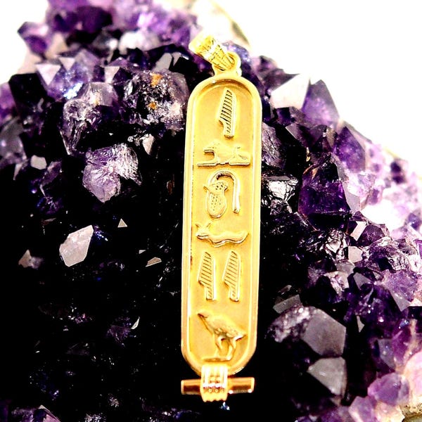 14k Solid Gold Cartouche Pendant, Personalized Hieroglyphic Arabic English Name Necklace