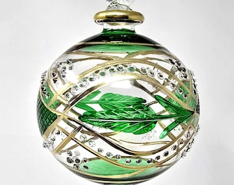 Egyptian Blown Glass Ornament- Golden accent with green leaf. Handmade by professional craftsmen. Décor your areas by it.