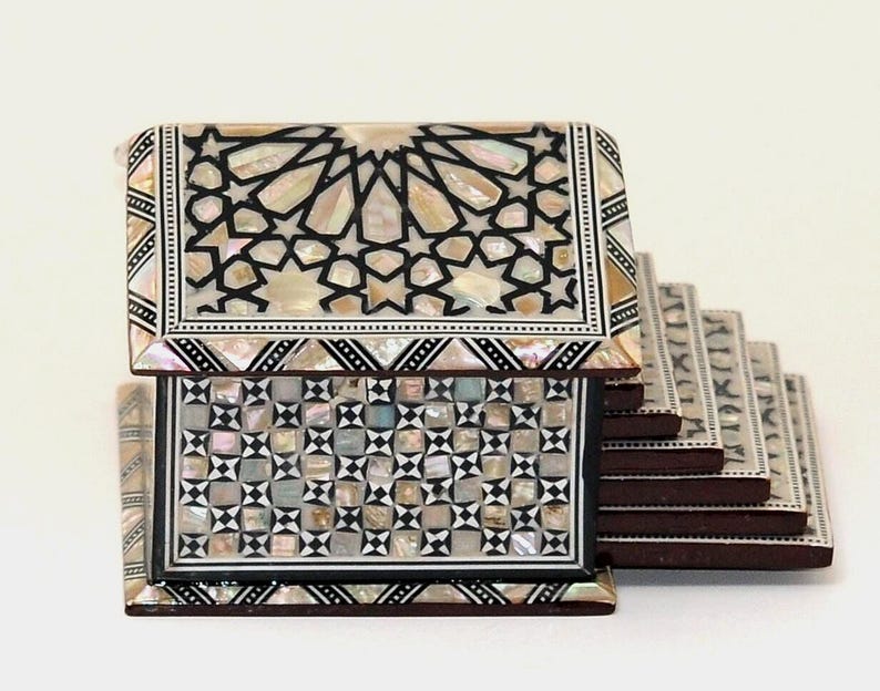 Egyptian Handmade Coasters Set of 6 - Beech wood with inlaid Mother of Pearl Elegant decoration hut made by great details & quality image 2