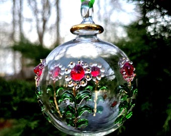 Wonderful Handmade Egyptian Blown Glass Ornament – Clear with colored/silver flower unique piece you deserve