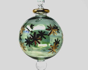 Egyptian Blown Glass Ornament  clear with golden star accents and dots (colors stripes) Handmade piece create a nice mood for you