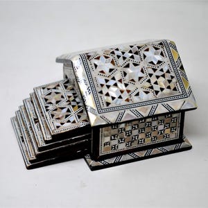 Egyptian Handmade Coasters Set of 6 - Beech wood with inlaid Mother of Pearl Elegant decoration hut made by great details & quality 3