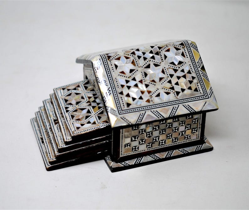 Egyptian Handmade Coasters Set of 6 - Beech wood with inlaid Mother of Pearl Elegant decoration hut made by great details & quality 3