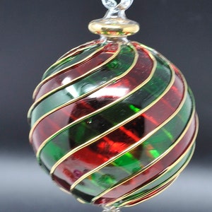 Wonderful Egyptian Blown Glass Ornament – ( blue -red-green ) swirl design with gold accent