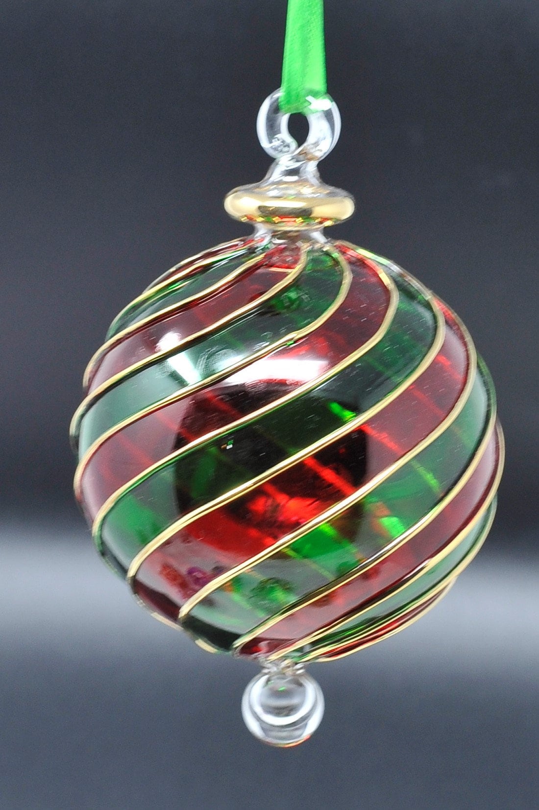 Egyptian Blown Glass Ornament Clear red/pink/blue /purple/orange Oval Drop  With Gold Design 