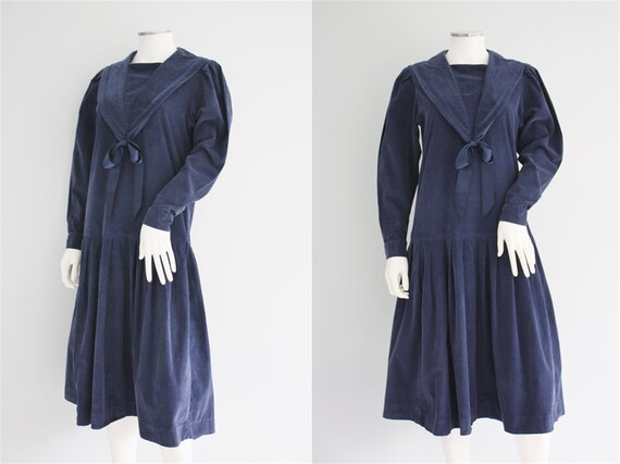 LAURA ASHLEY navy blue SAILOR dress, cord /corduro