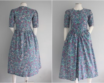 LAURA ASHLEY floral dress, pretty BLUE and purple cotton summer dress