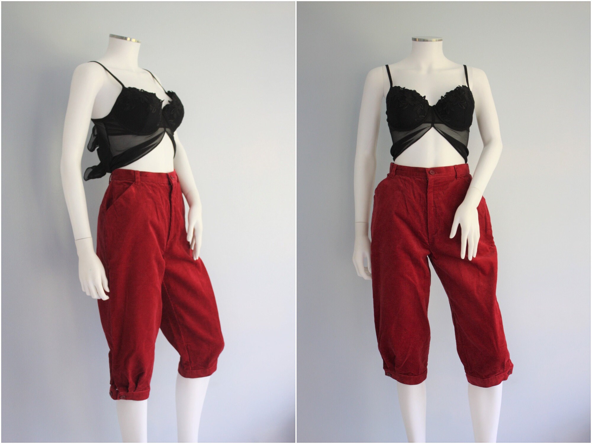 Image of Red Cropped Trousers/Pants, Corduroy Knickerbockers Pedal Pushers Capri Pants