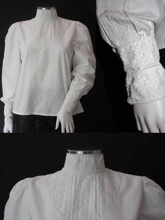 70's RUFFLED high neck white COTTON blouse , VICTO