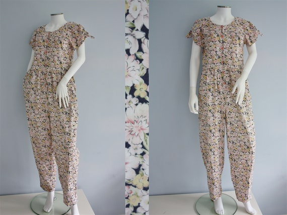 LAURA ASHLEY jumpsuit, floral cotton PLAYSUIT, yel