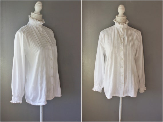 RUFFLED high neck white COTTON blouse , VICTORIAN