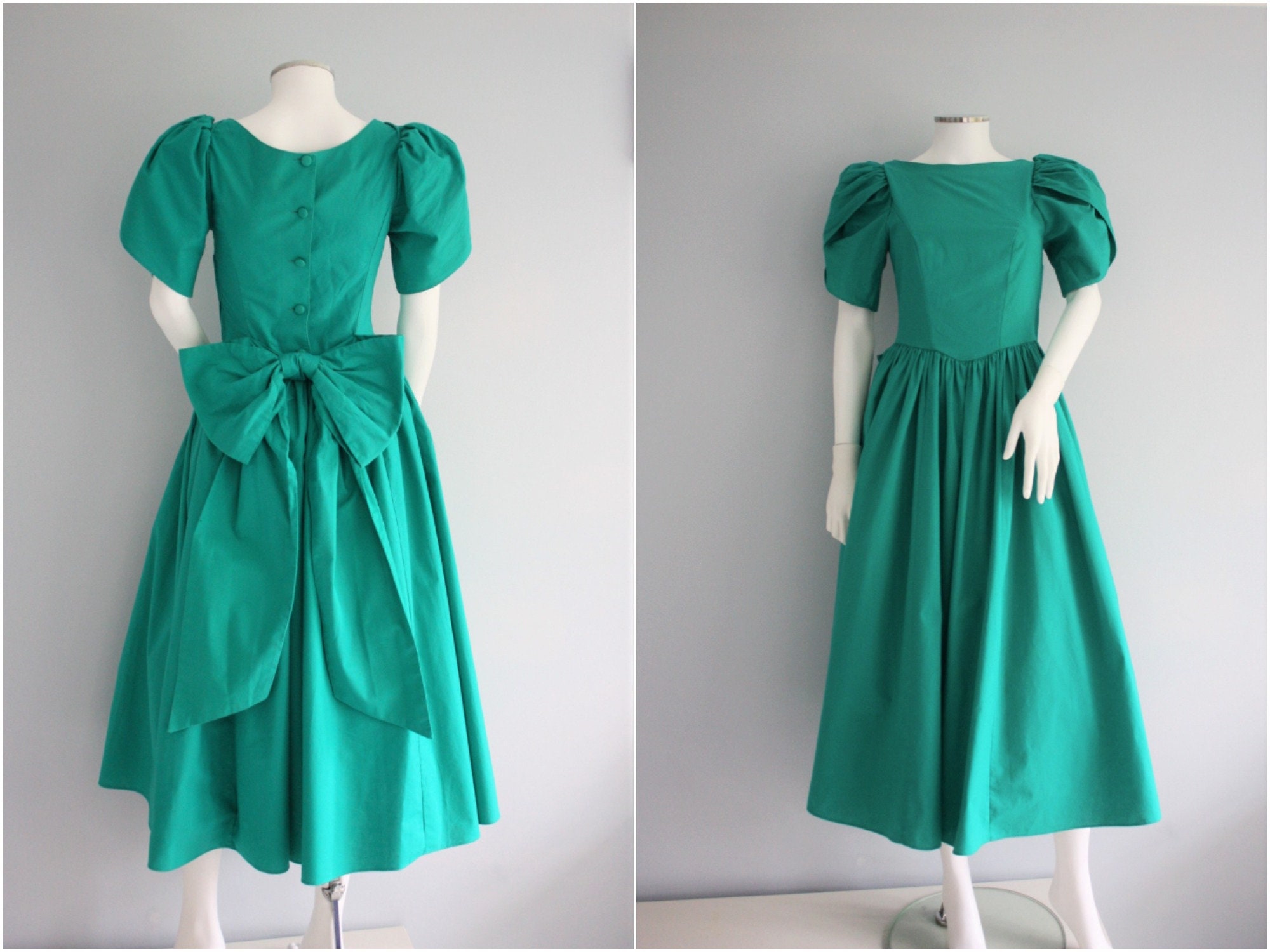 Image of Laura Ashley Emerald Green Dress, Cotton Evening Dress With Bow & Long Sash