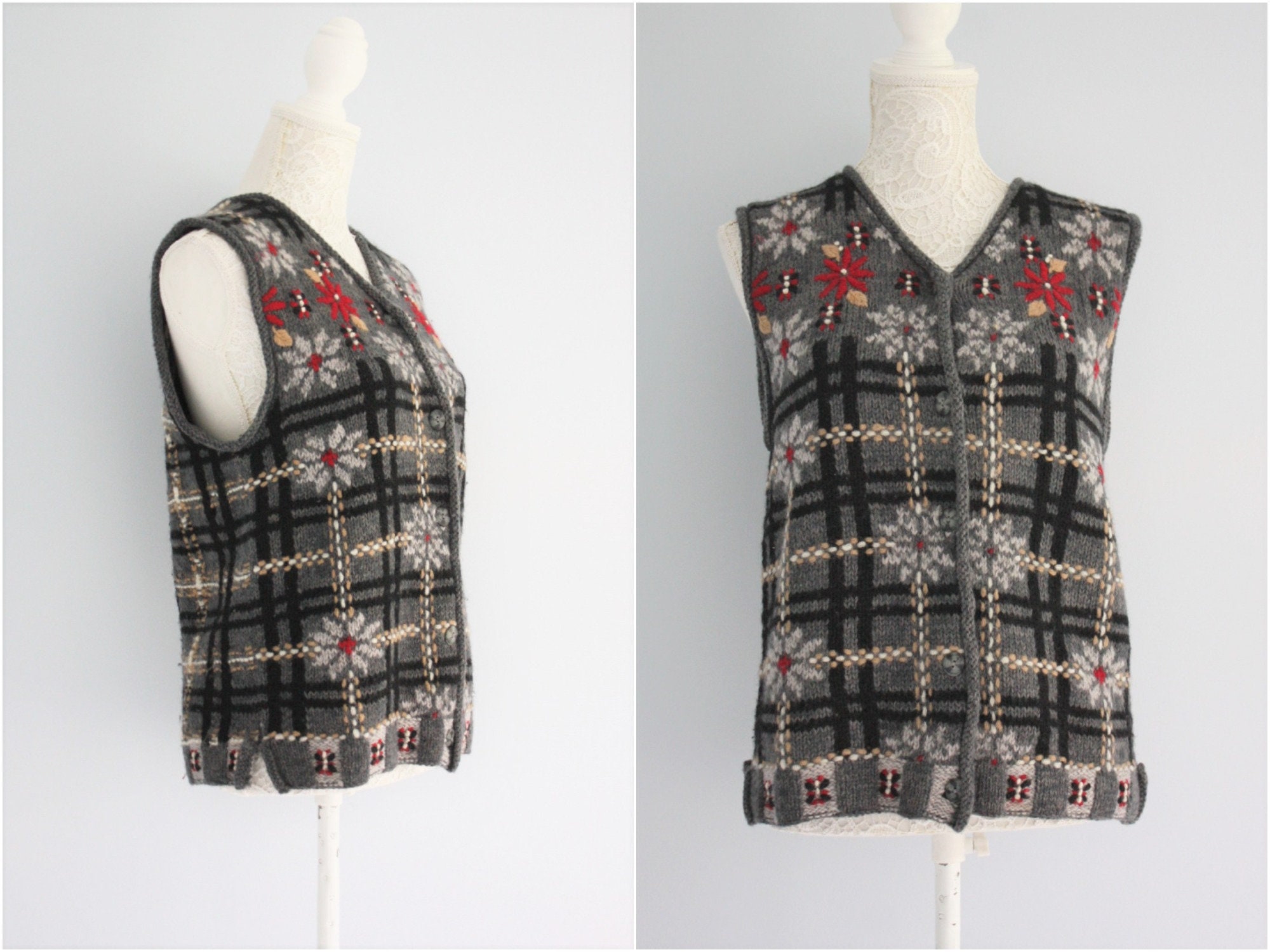 Image of Laura Ashley Waistcoat , Embroidered Knitted Woollen Sweater Vest Folk Style