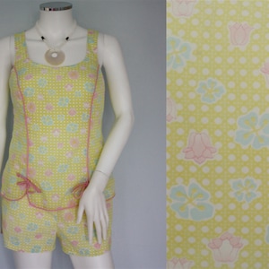 1950s PLAYSUIT / SWIMSUIT , mid century 2 piece COTTON mix yellow floral sun suit