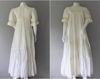 LAURA ASHLEY dress, 1960's cream cotton MAXI dress, very early Laura Ashley label, made in Wales