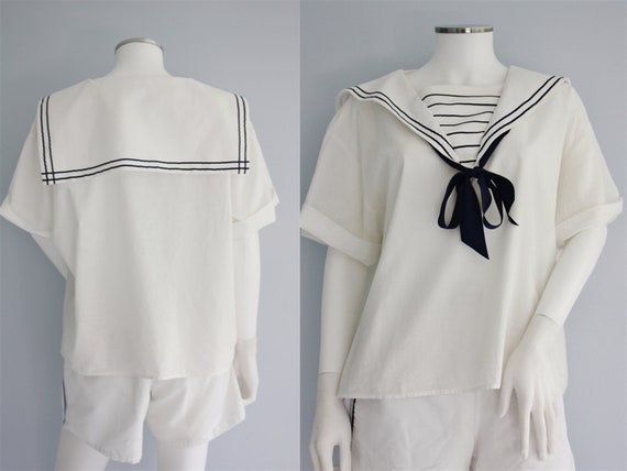 LAURA ASHLEY white SAILOR top / blouse / shirt, 50