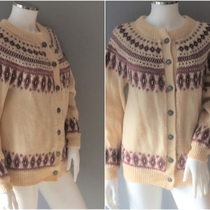 DALE OF NORWAY Nordic Wool Cardigan, cream and purple fair isle woollen sweater