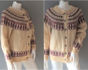 DALE OF NORWAY Nordic Wool Cardigan, cream and purple fair isle woollen sweater
