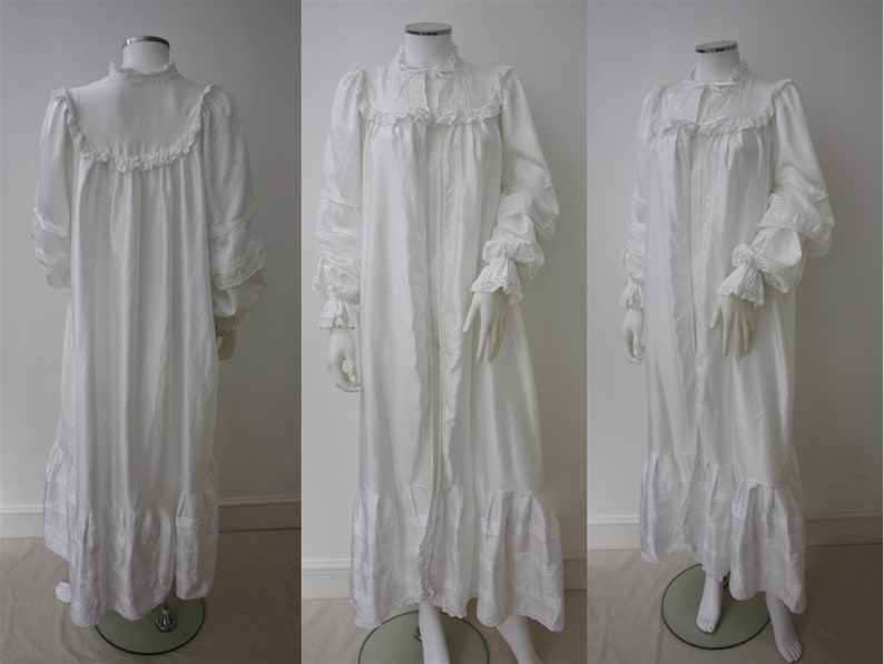White Romantic Robe Nightgown Full Length Victorian Style Satin Sateen Dressing Gown Romantic Lace Trimmed