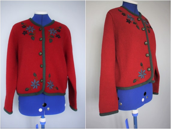 LAURA ASHLEY FESTIVE Style Cardigan Soft Wool Floral Embroidered Red Christmas Cardy Etsy