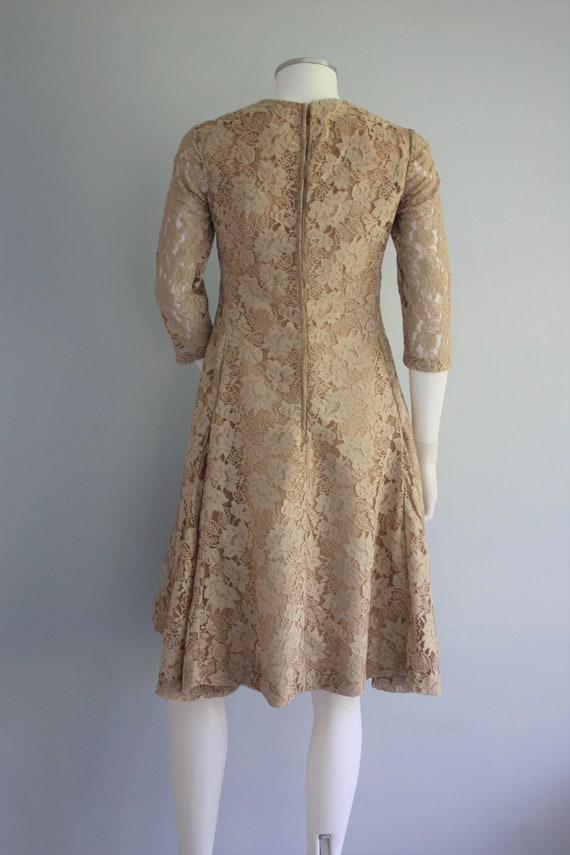 Prettiest 1960s Gold & Taupe Net Lace & Rhinestone Tiered Scalloped Edge Dress