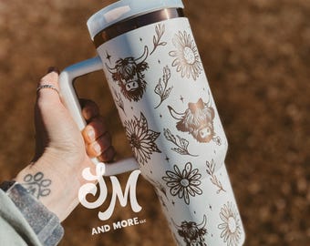 Highland Cows Engraved with Flowers Tumbler | Flowers | Custom Tumbler | Stanley | Country | Cow | Western | Boho