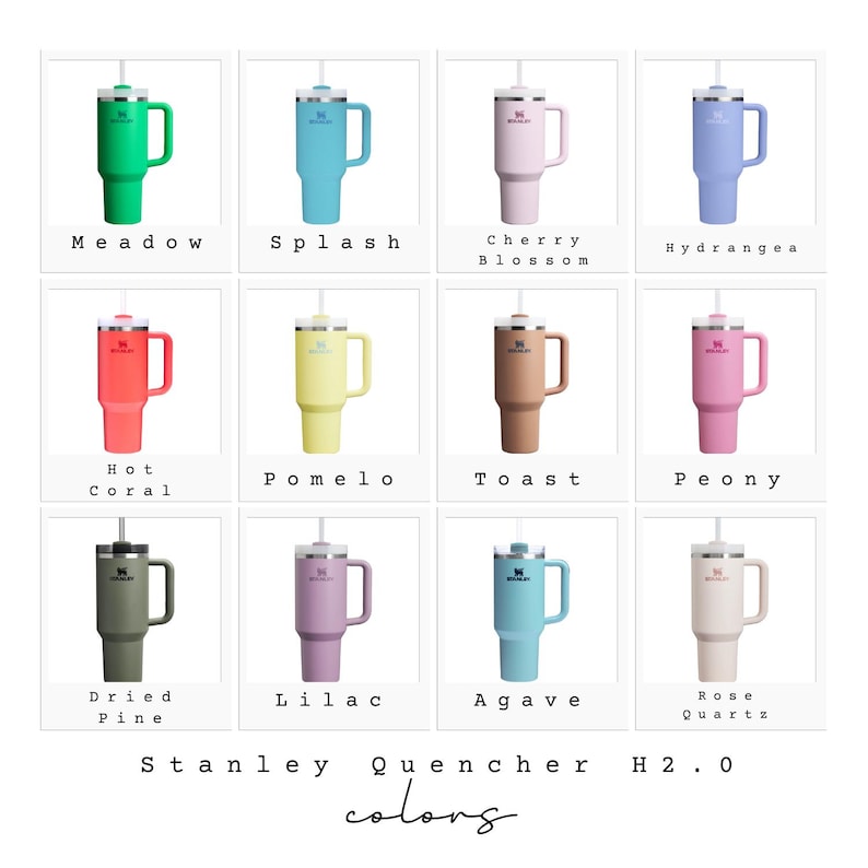 May include: A grid of twelve Stanley Quencher H2.0 tumblers in various colors, including green, blue, pink, and purple. Each tumbler has a handle and a straw. The colors are labeled with names like "Meadow" and "Rose Quartz."