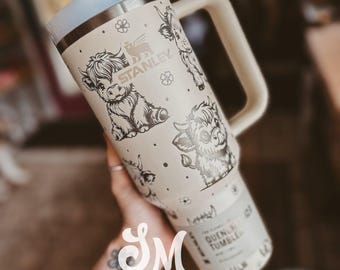 Baby Highland Cows Engraved with Flowers Tumbler | Flowers | Custom Tumbler | Stanley | Country | Cow | Western | Boho | Highlands | Moo