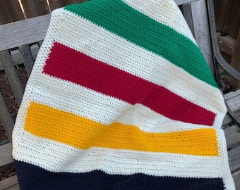 Beautiful Hand Crocheted “HBC” Stripes Lap Blanket/Stroller Blanket/Crib Blanket/Baby Blanket