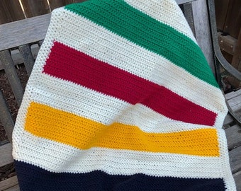 Beautiful Hand Crocheted “HBC” Stripes Lap Blanket/Stroller Blanket/Crib Blanket/Baby Blanket