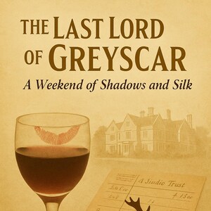 May include: A sepia-toned poster for a printable 1930s detective mystery game. It shows a wine glass with a lipstick mark, a deer silhouette, and text: "The Last Lord of Greyscar: A Weekend of Shadows and Silk".
