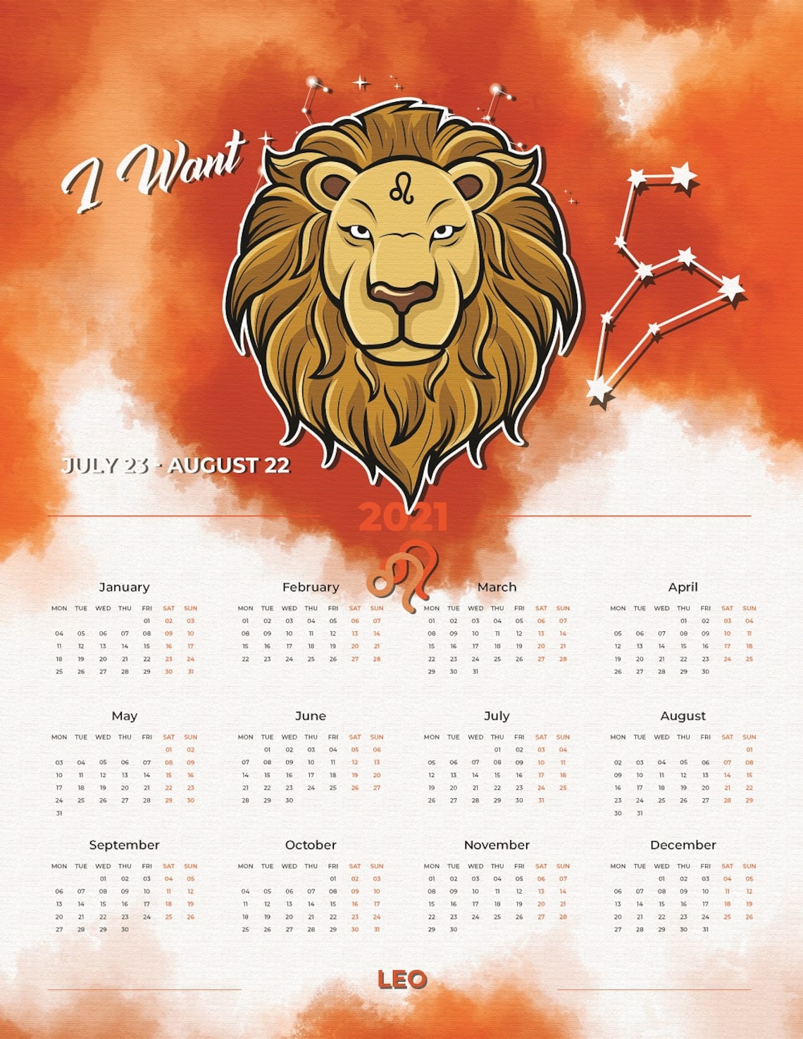 Leo Zodiac Wall Calendar 2021 Etsy