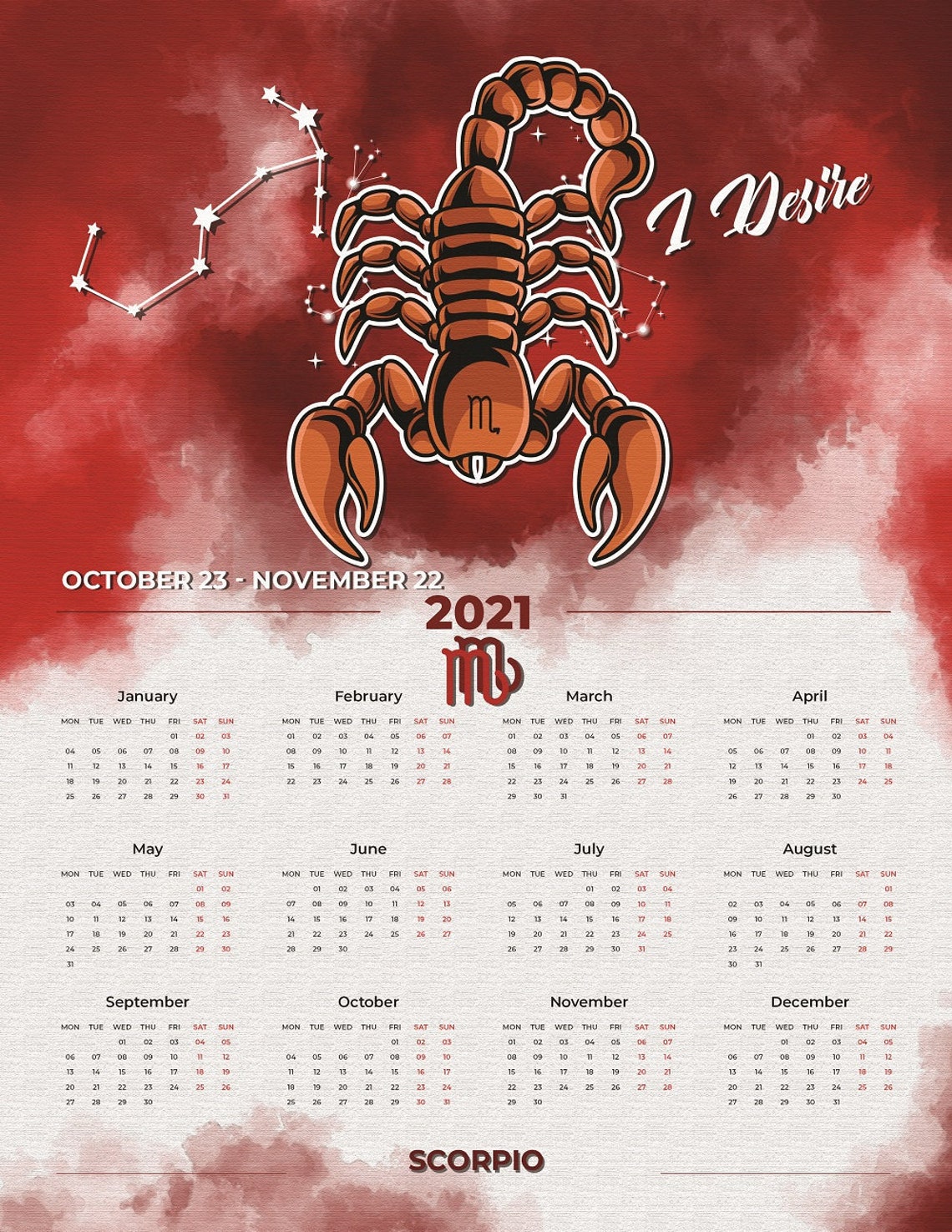 Scorpio Zodiac Wall Calendar 2021 Etsy