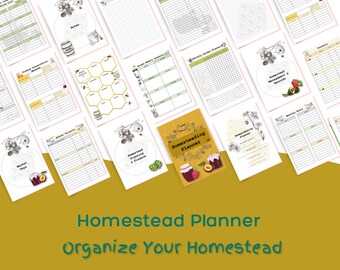 May include: A printable homestead planner with a yellow and green color scheme. The planner includes pages for tracking market days, monthly sales, garden planning, and more. The cover features a jar of jam, a watermelon, and the text "Homesteading Planner".