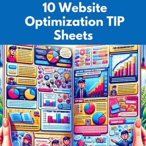 Peut inclure: Un guide illustré coloré avec 10 conseils pour l'optimisation de sites Web. Le guide présente des personnages de dessins animés, des tableaux et des graphiques. Le texte comprend "10 Website Optimization TIP Sheets" et "FOR WEBDUNEHPUP!"