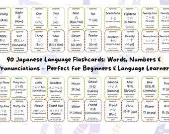 May include: A set of 90 colorful flashcards with Japanese words and numbers, including pronunciations. The flashcards are designed for beginners and language learners. The words include greetings, common objects, and numbers.