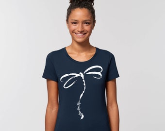 Camiseta de algodón orgánico con estampado de libélulas y tótem espiritual.