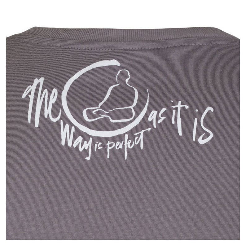 May include: Gray V-neck t-shirt with a white graphic of a person sitting in a circle with the text "The Way is perfect as it is".
