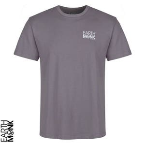 May include: A heather gray t-shirt with short sleeves and a crew neck. The shirt has the text "EARTH MONK" printed on the front in white.