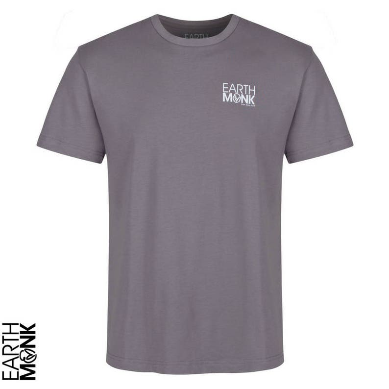 May include: A heather gray t-shirt with short sleeves and a crew neck. The shirt has the text "EARTH MONK" printed on the front in white.