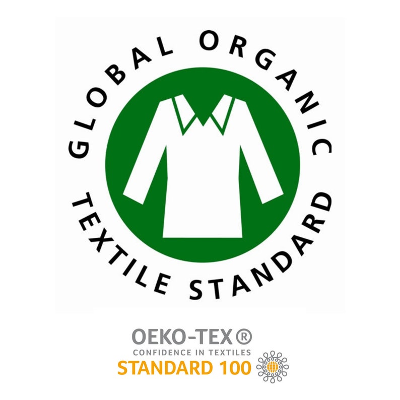 May include: A green circle with the text "GLOBAL ORGANIC TEXTILE STANDARD" around the outside. Inside the circle is a white silhouette of a long-sleeved shirt. Below the circle is the text "OEKO-TEX&reg; CONFIDENCE IN TEXTILES STANDARD 100" with a small yellow and orange graphic.