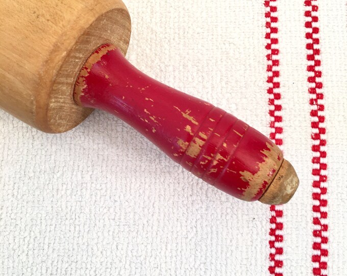 Vintage Rolling Pin Red Handles Solid Wood Etsy
