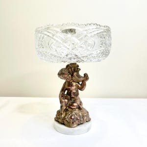 Vintage Crystal Bowl on Ornate Metal Angel on Marble Base, Pedestal Centerpiece, Wedding Card Holder, Candle Vessel, Unique Gift for Her
