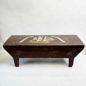 Vintage Hand-Painted Wood Stool: US Frigate Constitution, Nautical Decor